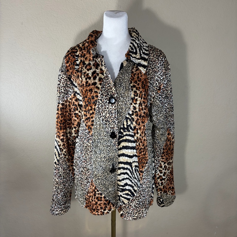 Vtg Dorman Mixed Animal Prints Crinkled Reversible Button Tunic Blouse Sz M Boho